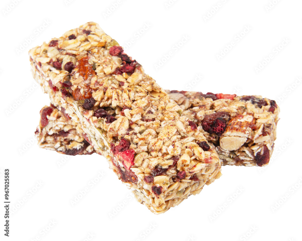 Granola bar cereal superfood energy nuts with berries isolated on white background Granola bar cereal superfood energy nuts with berries isolated on white background