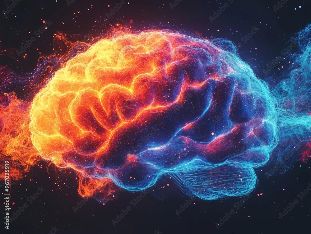 Abstract brain made of glowing geometric shapes, symbolizing deep thought and creativity, surrounded by flowing colors of imagination thinking, creativity, conceptual art Abstract brain made of glowing geometric shapes, symbolizing deep thought and creativity, surrounded by flowing colors of imagination thinking, creativity, conceptual art