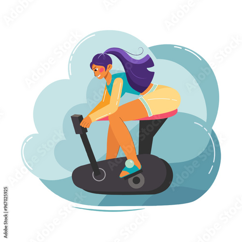 Sporty girl doing cardio workout on exercise bike. Purposeful young woman dressed in sportswear riding exercise bike, exercising. Flat vector illustration.