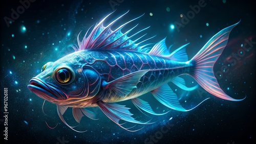 From the darkest depths of the ocean, an ethereal bioluminescent fish radiates an unearthly glow, piercing the darkness photo