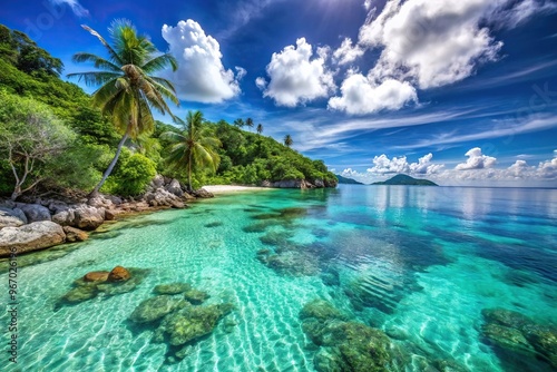 Tropical island bay paradise with crystal clear waters