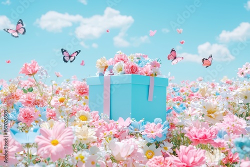 Colorful flowers and gift box in a dreamy, whimsical landscape