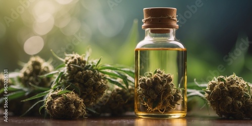 Bottle of Cannabis Oil with Fresh Cannabis Buds. photo