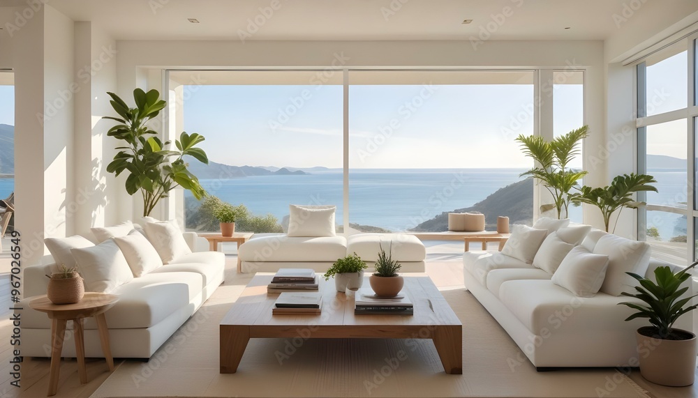 A modern, minimalist living room with large windows overlooking a scenic ocean view. The room features white sofas, a wooden coffee table, and potted plants. A modern, minimalist living room with large windows overlooking a scenic ocean view. The room features white sofas, a wooden coffee table, and potted plants.
