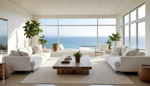 A modern, minimalist living room with large windows overlooking a scenic ocean view. The room features white sofas, a wooden coffee table, and potted plants.