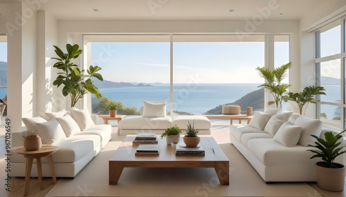 A modern, minimalist living room with large windows overlooking a scenic ocean view. The room features white sofas, a wooden coffee table, and potted plants.