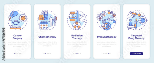 Cancer treatment onboarding mobile app screen. Walkthrough 5 steps editable graphic instructions with linear concepts. UI, UX, GUI template. Montserrat SemiBold, Regular fonts used