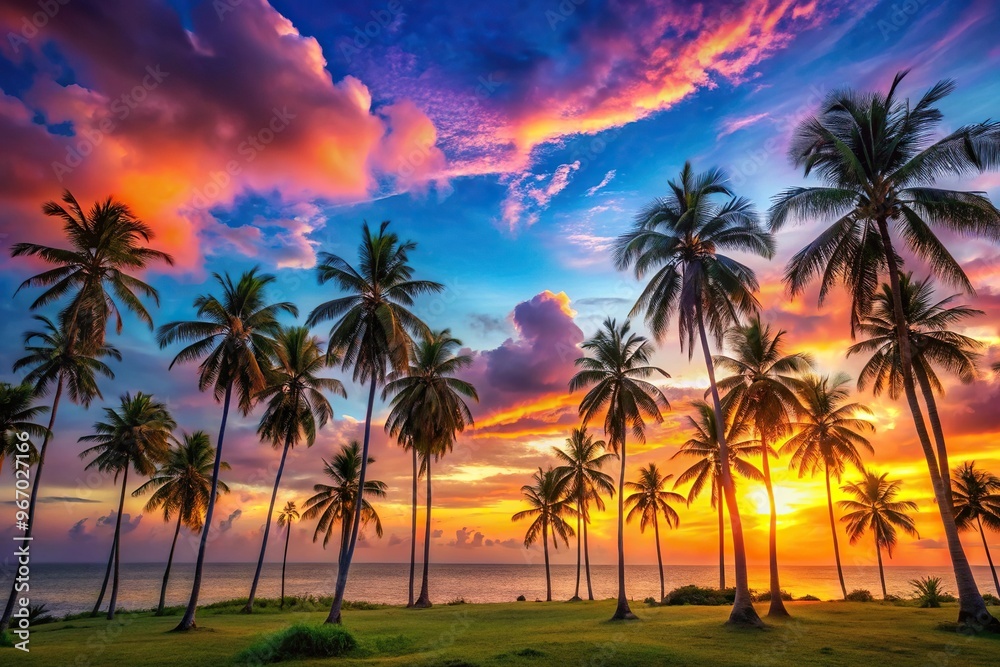 Obraz premium Tropical landscape with palm trees and sunset