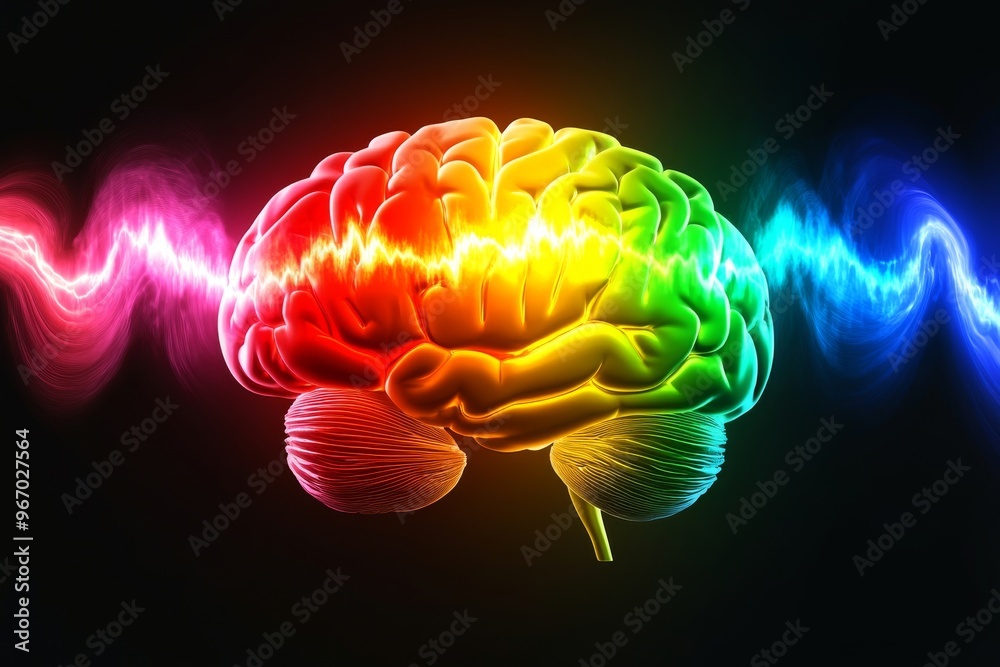 Obraz premium Electrochemical signal neurobiology and brain health colorful spectrum of brain activity highlighting electric waves and neural signaling pathways