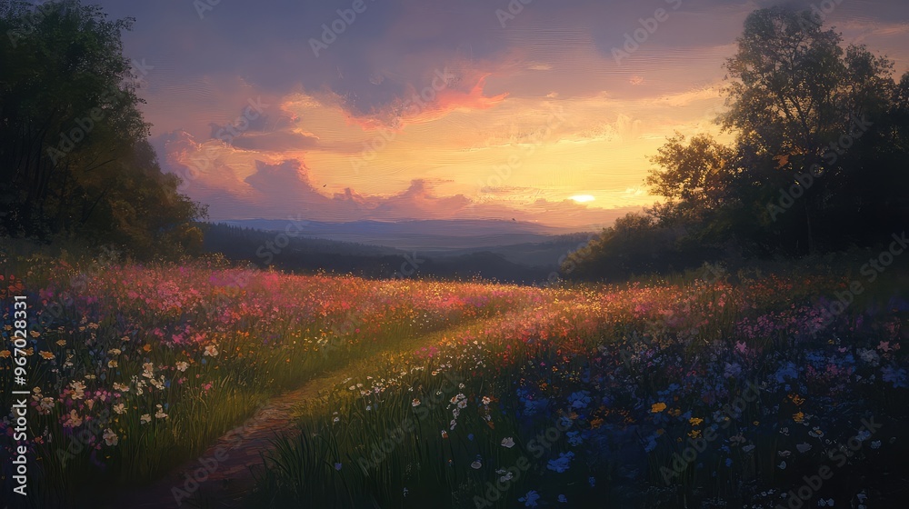 A peaceful walk at dusk through a field of blooming wildflowers, with the setting sun casting soft, warm light over the landscape A peaceful walk at dusk through a field of blooming wildflowers, with the setting sun casting soft, warm light over the landscape
