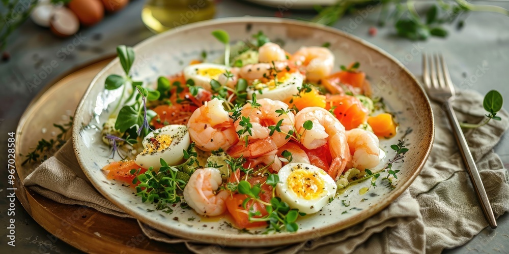 Plate of Olivier salad with shrimp salmon and quail eggs Plate of Olivier salad with shrimp salmon and quail eggs