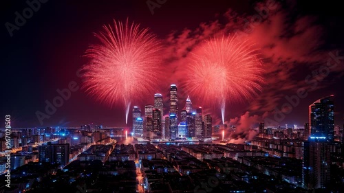 Wallpaper Mural Night fireworks over the metropolis, city. Animation of bright fireworks Torontodigital.ca