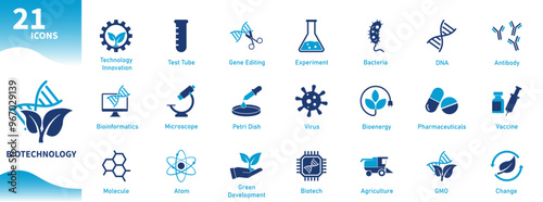 Biotechnology icon. Collection of icons about ecology, scientific research, laboratory, DNA, test tube. Solid vector icons.