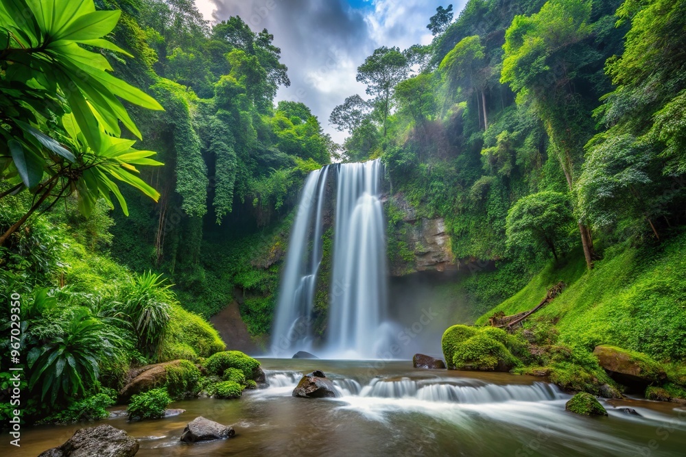 Fototapeta premium tropical waterfall in the forest during rainy season with wide-angle view