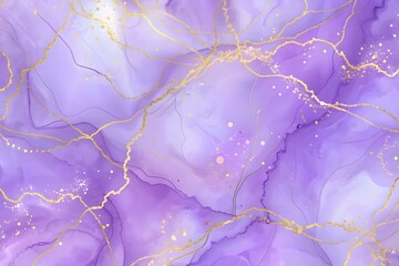 Violet lavender liquid watercolor marble background with golden lines. Pastel purple periwinkle alcohol ink drawing effect. Pastel abstract background, color flow art design