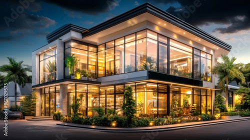 Modern Glass Building with Illuminated Interior at Dusk