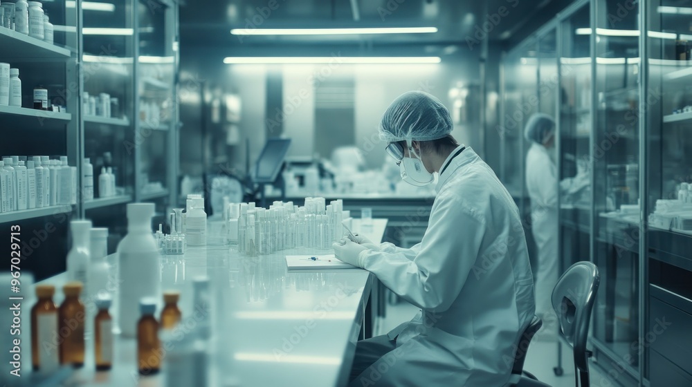 Scientist in a Lab Coat Examining Bottles in a Laboratory Scientist in a Lab Coat Examining Bottles in a Laboratory