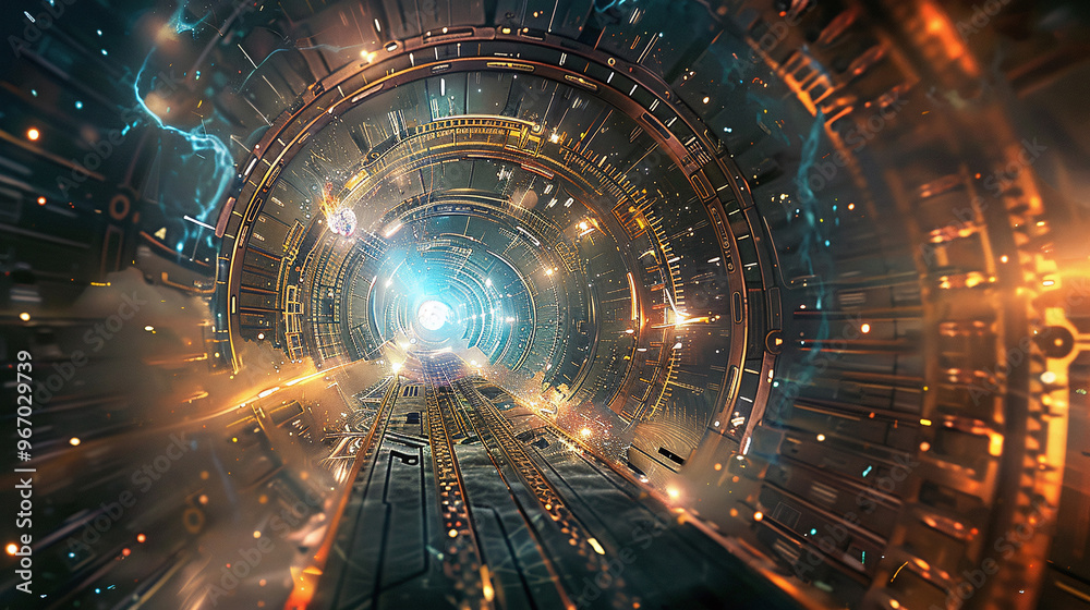 Fototapeta premium Futuristic Time Travel Tunnel with Glowing Lights and Technological Elements