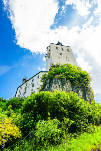 View of Mariastein Castle in Tyrol. Landscape with an old castle built on the rock.
 photo