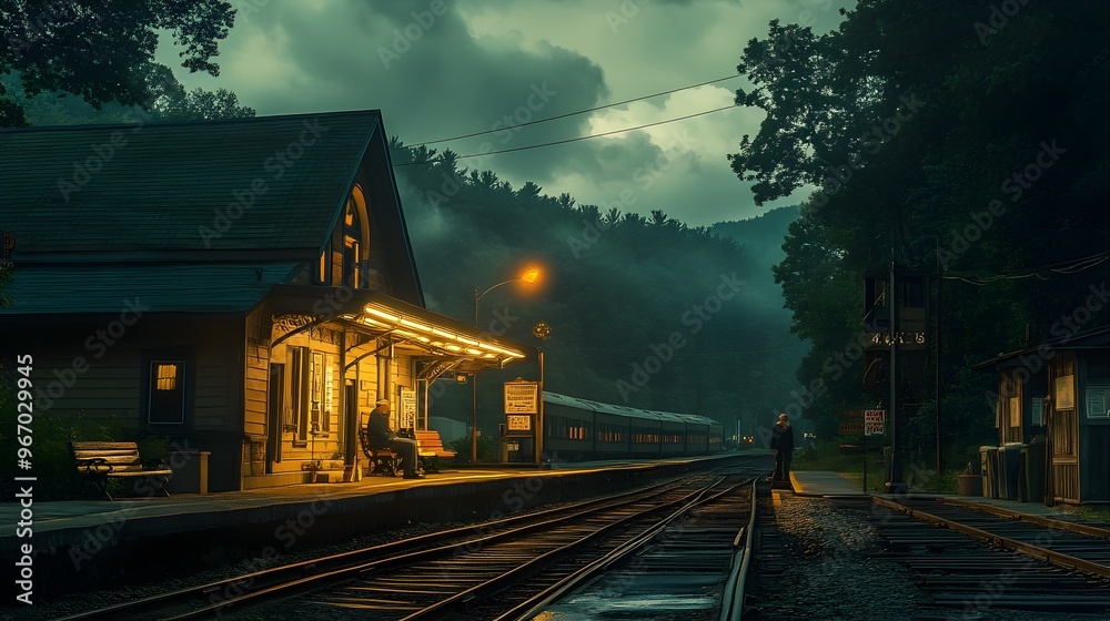 Fototapeta premium Tranquil Evening at a Small Town Train Station with a Lone Traveler