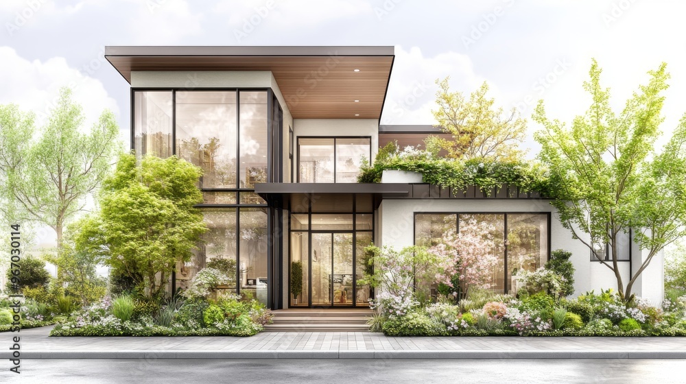 Modern House Exterior with Lush Greenery and Landscaping Modern House Exterior with Lush Greenery and Landscaping