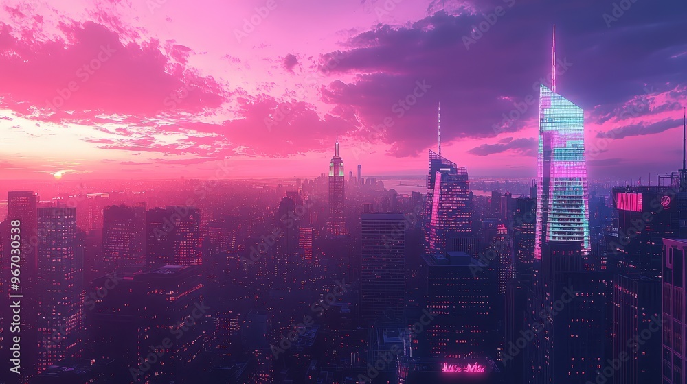 Obraz premium 80s retro art New York sunset, dark skyscrapers framing a soft pastel sky, with a glowing neon hue that reflects the era's iconic cityscape style
