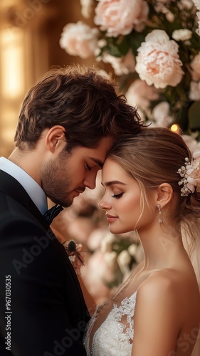 Close-up of bride and groom exchanging vows at the altar.