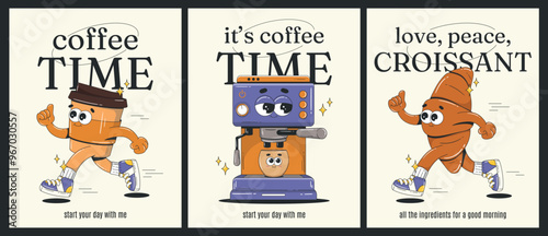 Retro posters for cafe, coffee shop or restaurant. Groovy mascot characters - coffee cup, croissant, coffee machine. Vector Illustrations for advertisement, social media post.