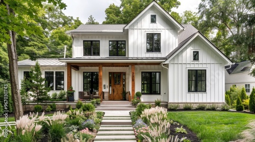 Modern farmhouse exterior with white siding, black windows, and wooden door surrounded by greenery.
