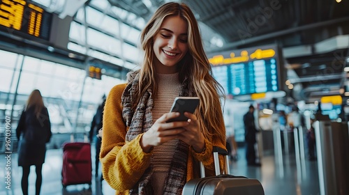 A smiling traveler checks her phone while standing in an airport terminal, holding a suitcase. The scene captures the excitement and ease of modern travel.