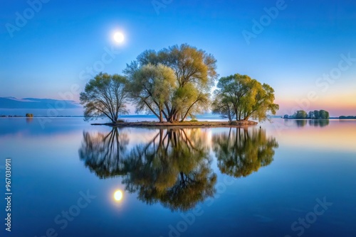 Twilight scene of island with willow trees reflected in moonlit lake