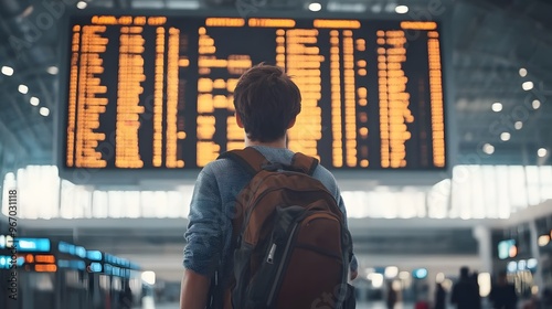 A traveler with a backpack checks a large, illuminated flight departure board at an airport, highlighting the hustle and anticipation of air travel.
