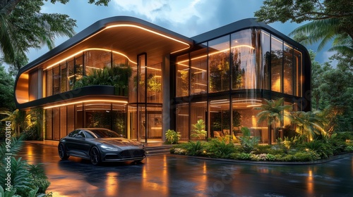 Modern Luxury Home with Black Car and Lush Tropical Garden at Dusk