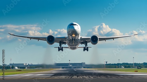 A commercial airplane takes off from the runway, soaring into the blue sky, symbolizing travel, aviation, and global connectivity.