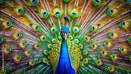 Magnificent peacock unfurls an array of dazzling feathers, radiating a kaleidoscope of colors in a breathtaking display photo