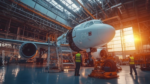 Aircraft undergoing maintenance in a spacious hangar with technicians working at sunrise, highlighting the importance of aviation safety and engineering.