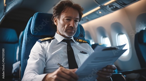 An airline pilot in uniform reviews flight documents while seated in the passenger cabin, preparing for the upcoming flight with focus and professionalism.