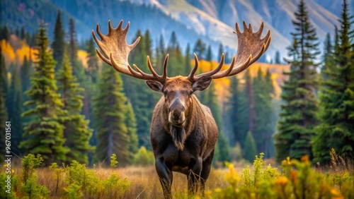 Majestic moose with massive antlers stands tall and proud in a serene Canadian wilderness, surrounded by towering trees photo