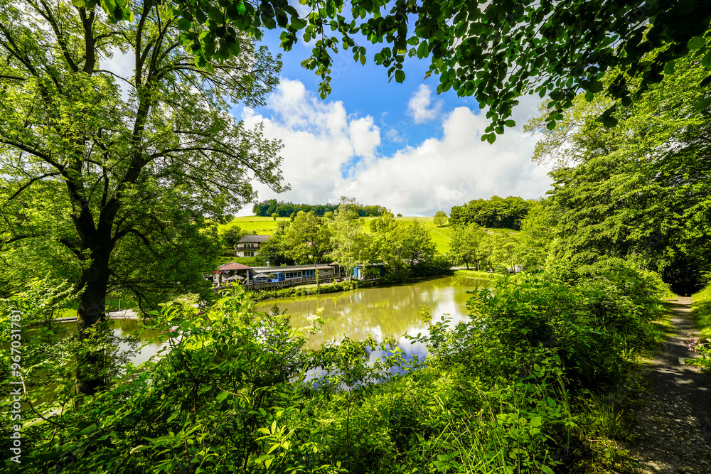 View of the pond and the surrounding nature in the Wallenstein district in the northern Hesse municipality of Knüllwald.
View of the pond and the surrounding nature in the Wallenstein district in the northern Hesse municipality of Knüllwald.