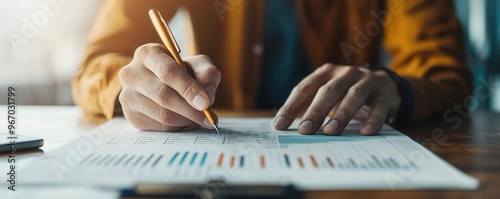 Entrepreneur reviewing a business plan, including market analysis, target audience, and financial projections, business plan review, business strategy