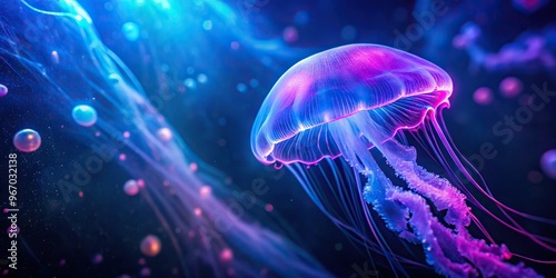 Underwater jellyfish with neon colors in blue water