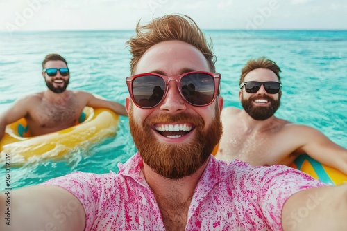 Happy friends taking a selfie on a sunny day. Three friends enjoying at the beach, smiling and having fun on colorful floats in the clear blue water.