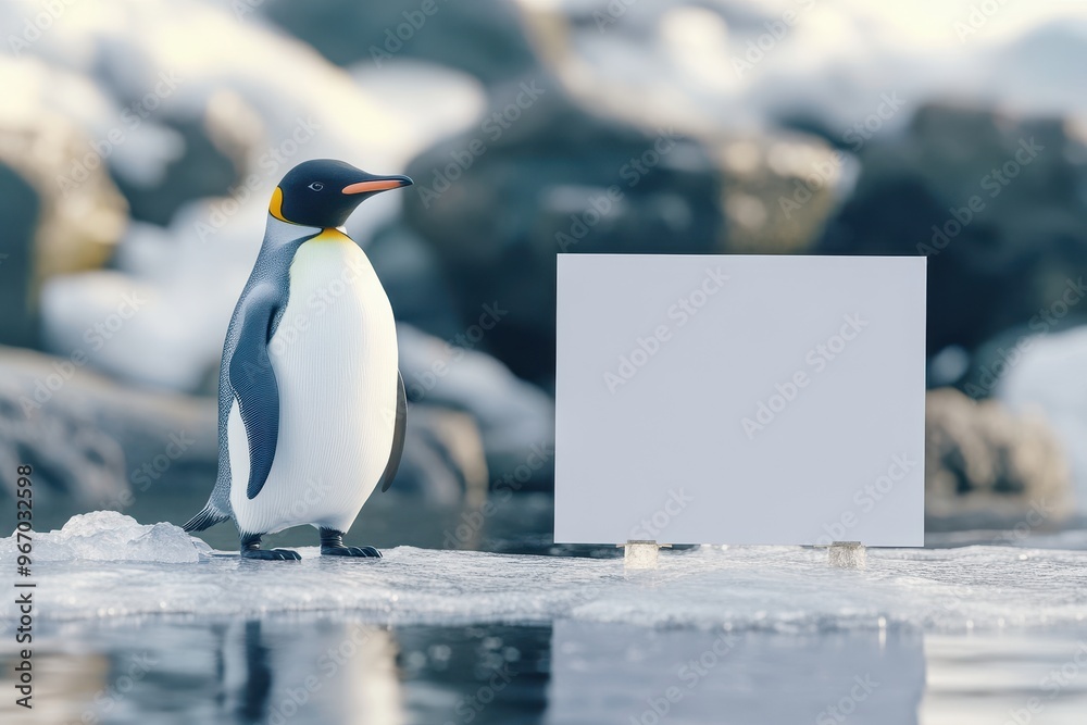 Fototapeta premium A penguin stands on a sheet of ice next to a blank sign