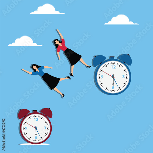 Swap work shifts, shift management and flexibility at work concept, Businesswoman jumping to working clock of colleague while his colleague jumping to his working clock