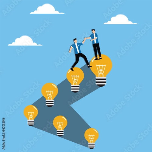 Transferring knowledge or experience to new employee or junior in workplace, mentorship concept, Senior businessman pulling junior up to bigger idea lightbulb