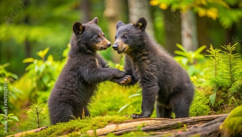 Playful black bear cubs tumble and roll in the underbrush, their paws waving wildly as they explore the