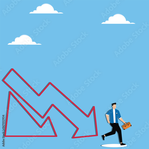 Real estate market recession, decline in home sales, housing market crash concept, Businessman running away from falling red residential graph that turn into huge wave