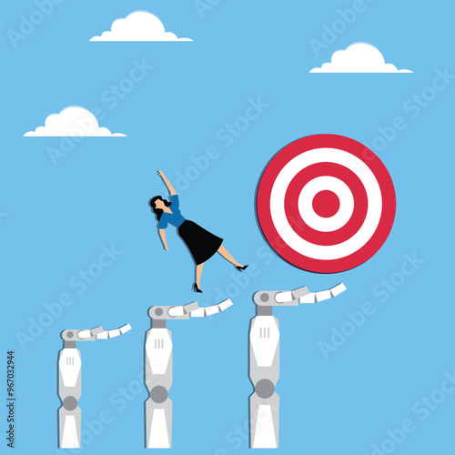 AI support to achieve goal, artificial intelligence assistant, automation innovation to guide humans in their work concept, The robotic hand pointing direction to businesswoman to run towards target