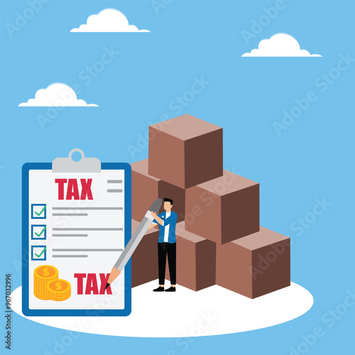 Ecommerce sales tax, calculating net revenue from selling online product before tax filing concept, Male online seller standing near delivery boxes filling out tax form