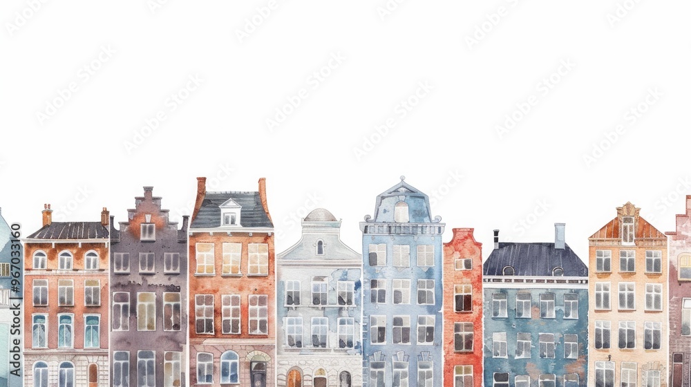 Watercolor illustration of picturesque buildings on a white background, highlighting urban landscapes.